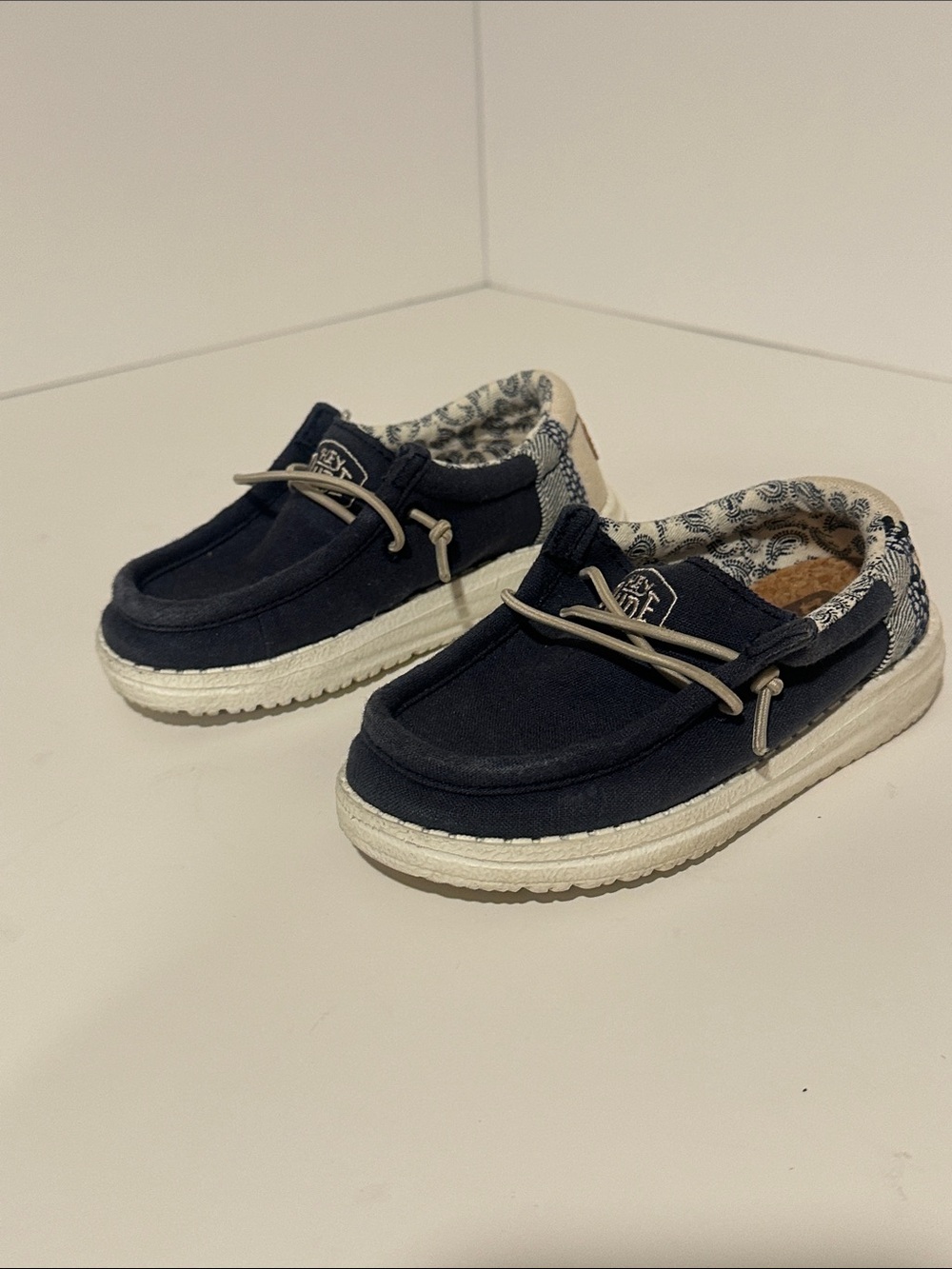 #978 Hey Dude Navy Kids Slip-On Sneakers with Patterned Collar